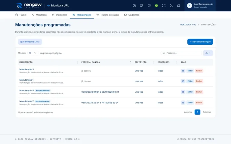 App Monitora URL, tela Manutenções
