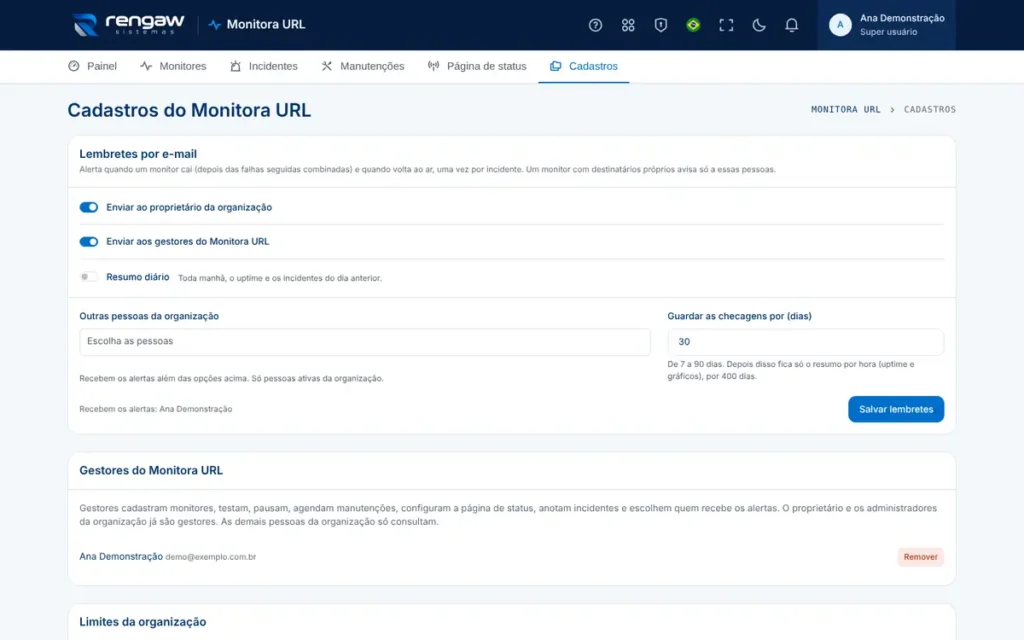 App Monitora URL, tela Cadastros