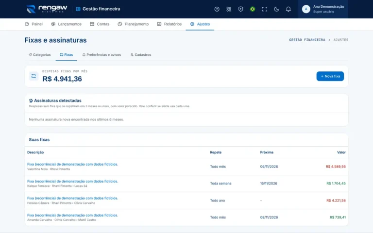 App Gestão financeira, tela Fixas · AppSuite