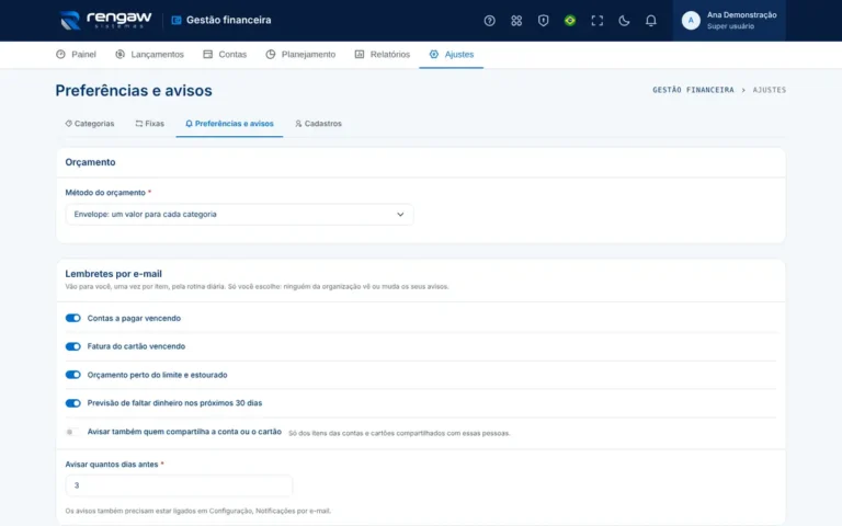 App Gestão financeira, tela Preferências e avisos · AppSuite