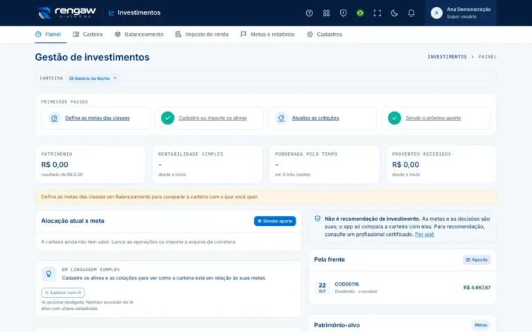 App Investimentos, tela Gestão de investimentos · AppSuite