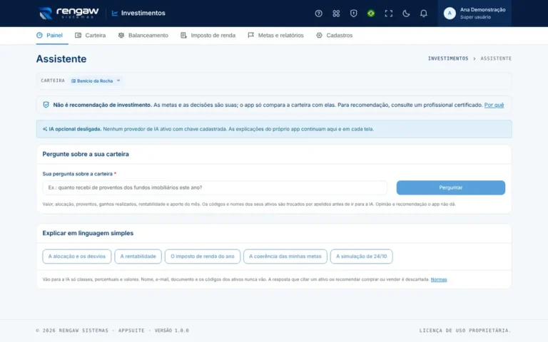 App Investimentos, tela Assistente · AppSuite