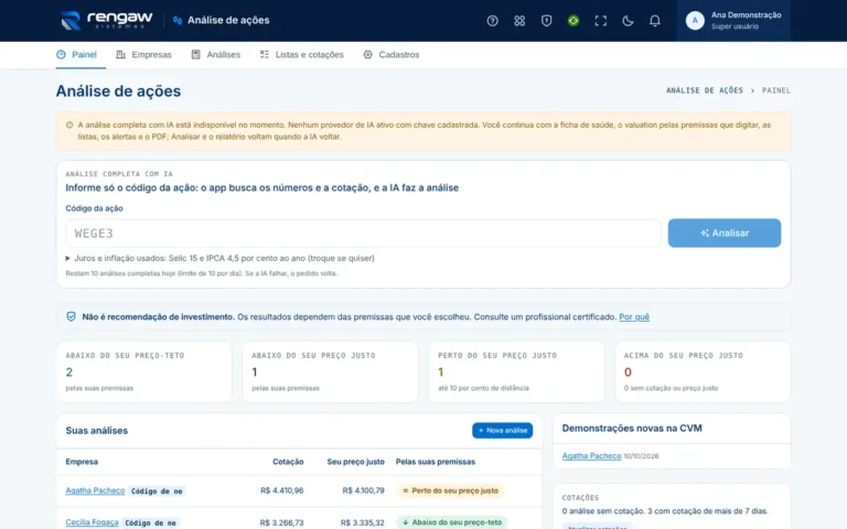 App Análise de ações, tela Análise de ações · AppSuite