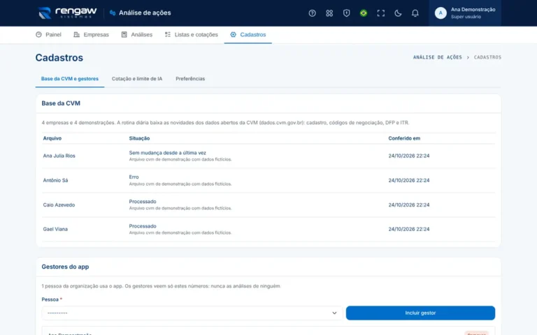App Análise de ações, tela Cadastros · AppSuite