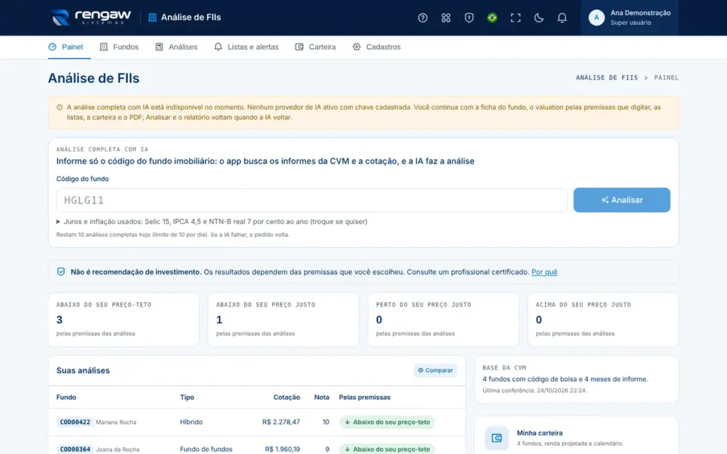App Análise de FIIs, tela Análise de FIIs · AppSuite