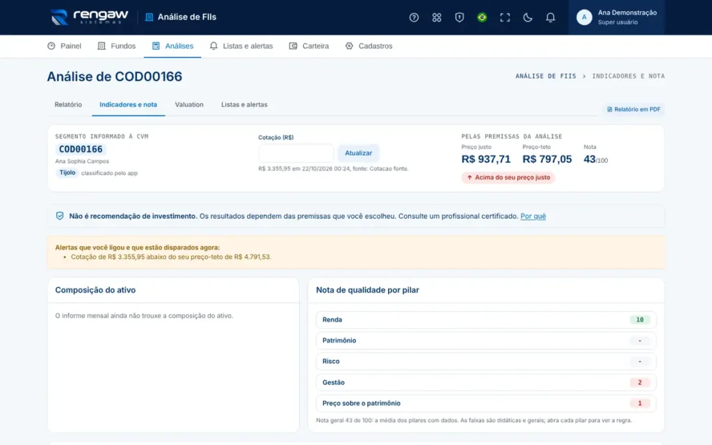 App Análise de FIIs, tela COD00166 · Indicadores · AppSuite