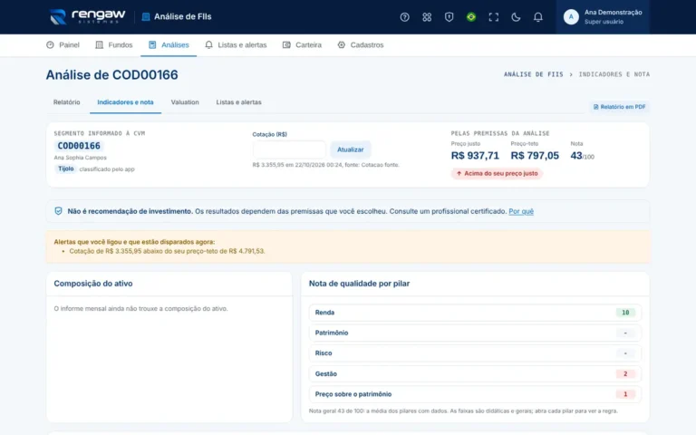 App Análise de FIIs, tela COD00166 · Indicadores · AppSuite