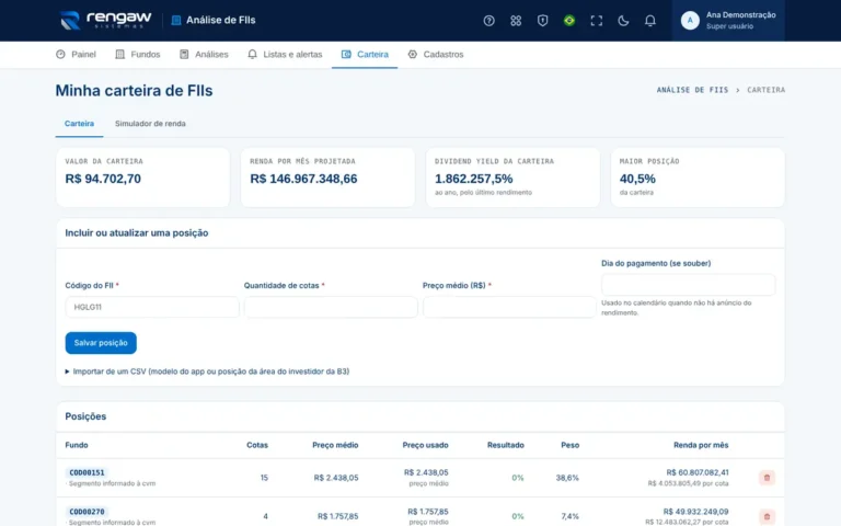 App Análise de FIIs, tela Minha carteira · AppSuite