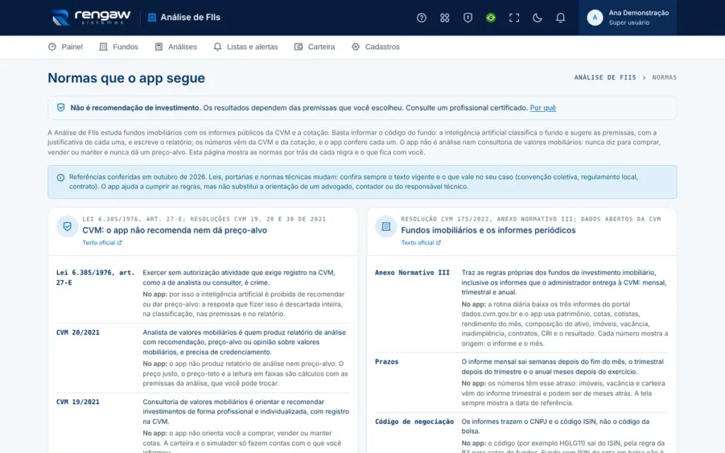 App Análise de FIIs, tela Normas