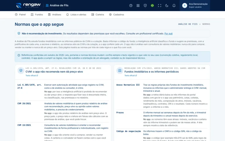 App Análise de FIIs, tela Normas