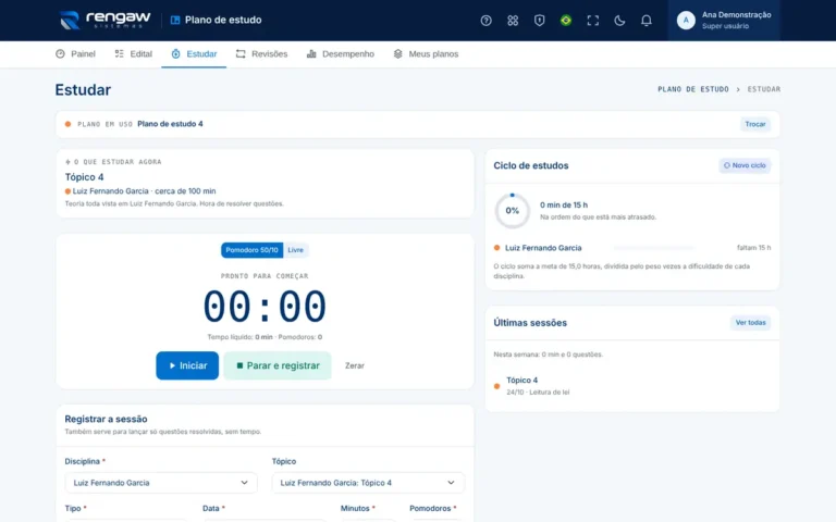 App Plano de estudo, tela Estudar