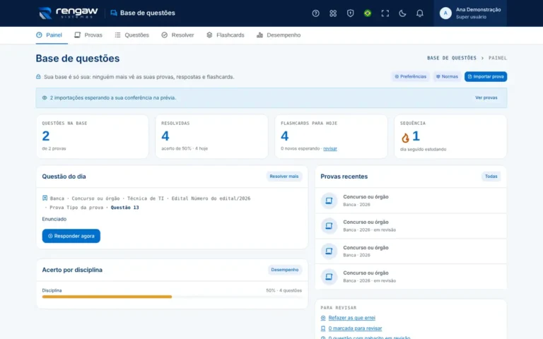 App Base de questões, tela inicial