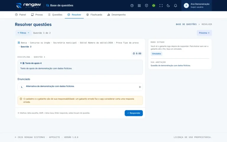 App Base de questões, tela Resolver