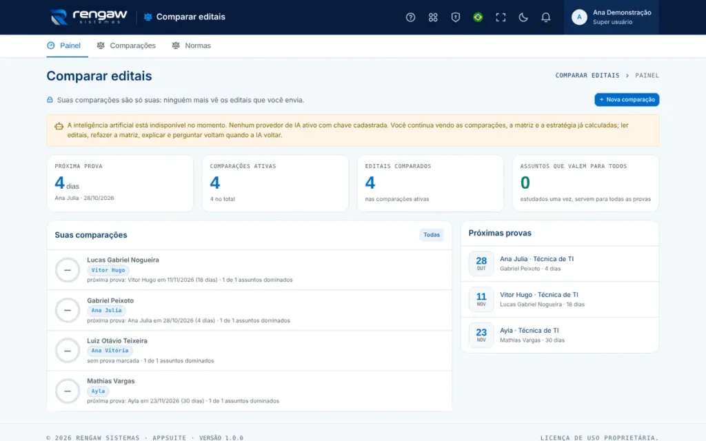 App Comparar editais, tela inicial