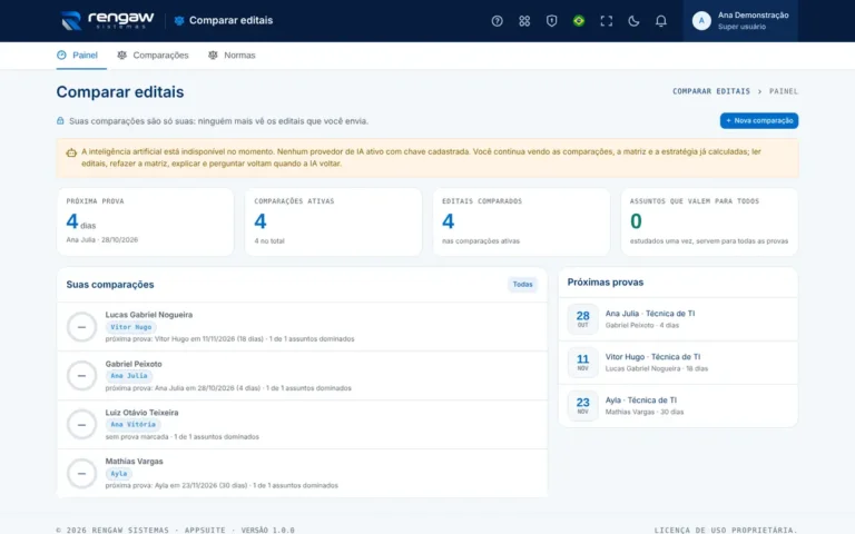 App Comparar editais, tela inicial