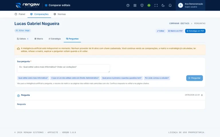 App Comparar editais, tela Perguntas · Lucas Gabriel Nogueira