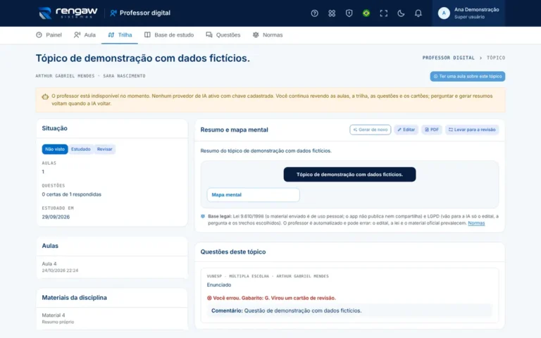 App Professor digital, tela Tópico de demonstração com dados fictícios.