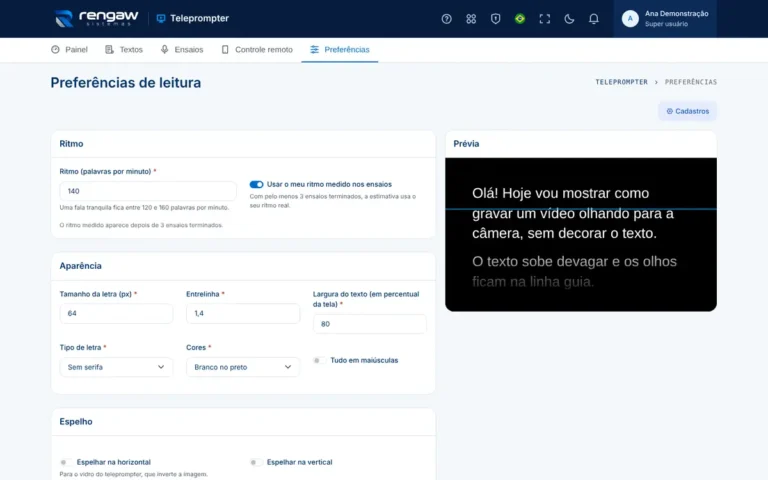 App Teleprompter, tela Preferências de leitura
