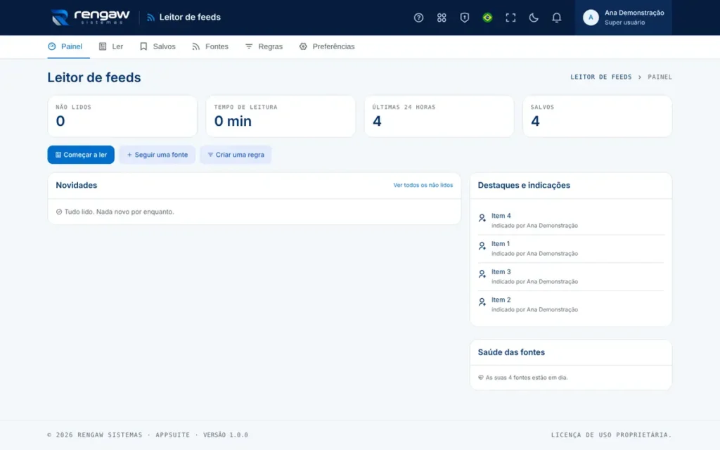 App Leitor de feeds, tela inicial