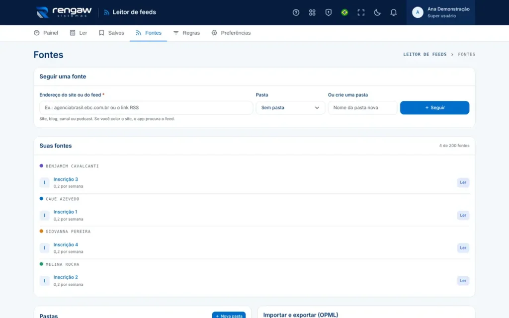 App Leitor de feeds, tela Fontes