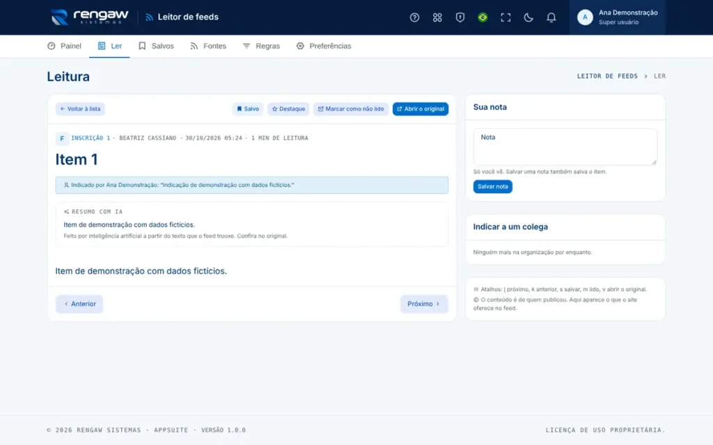 App Leitor de feeds, tela Item 1