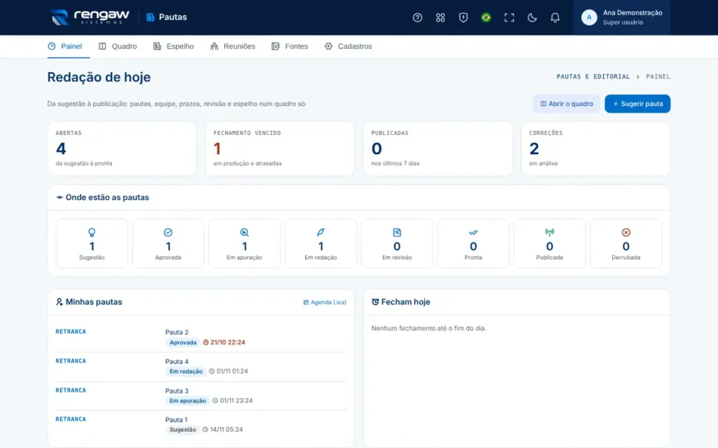 App Pautas e editorial, tela inicial