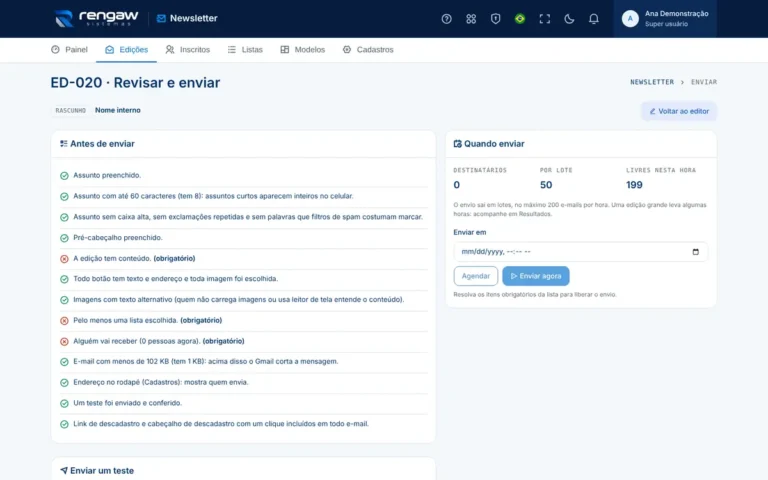 App Newsletter, tela Revisar e enviar