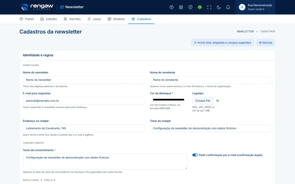 App Newsletter, tela Cadastros