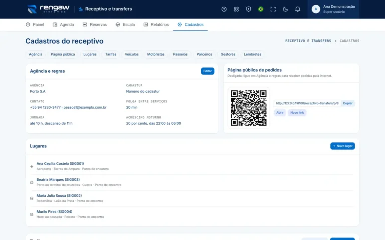 App Receptivo e transfers, tela Cadastros