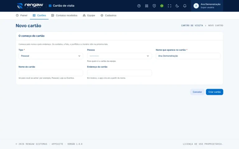 App Cartão de visita, tela Novo cartão · Cartão de visita