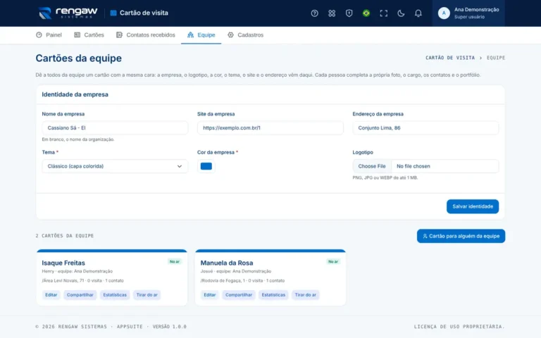 App Cartão de visita, tela Equipe · Cartão de visita