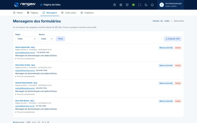 App Página de links, tela Mensagens