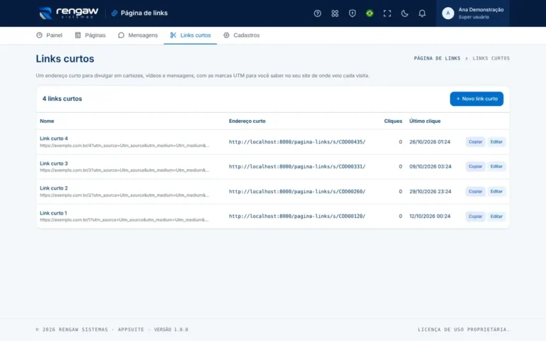 App Página de links, tela Links curtos