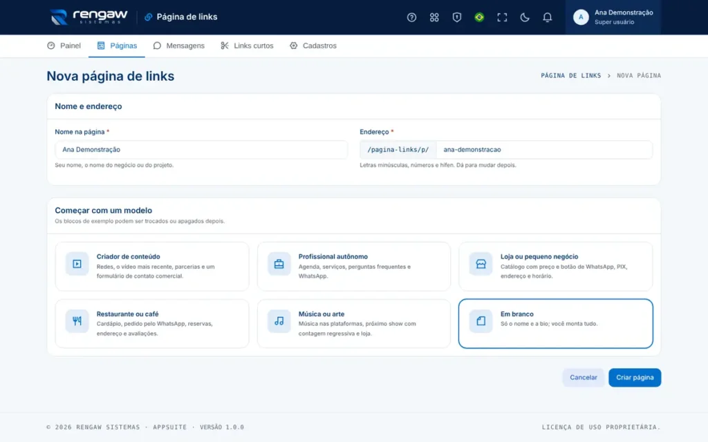App Página de links, tela Nova página