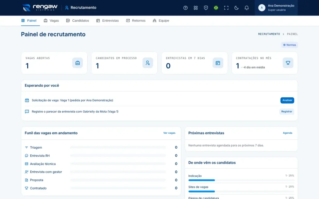 App Recrutamento, tela Painel de recrutamento