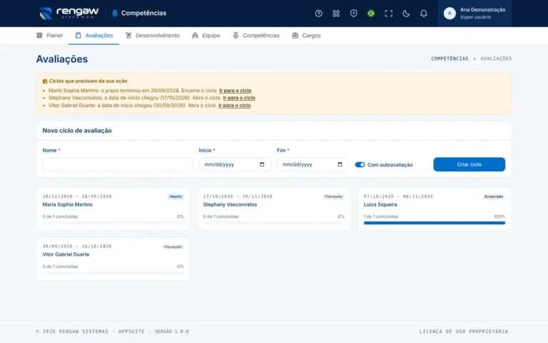 App Competências, tela Avaliações