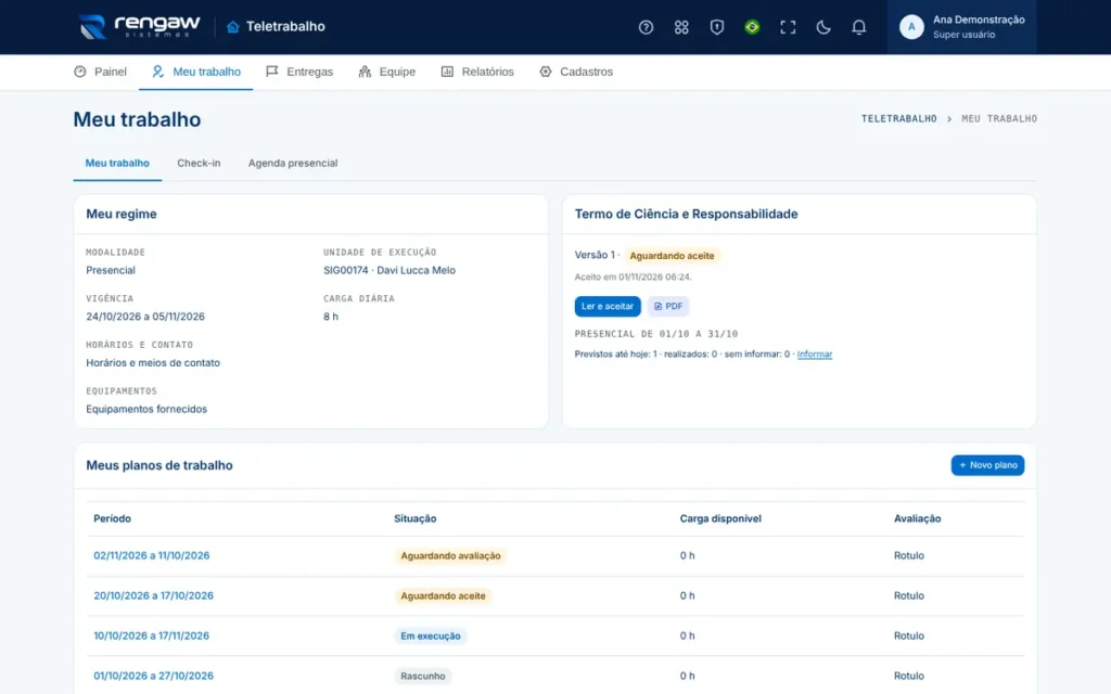 App Teletrabalho, tela Meu trabalho