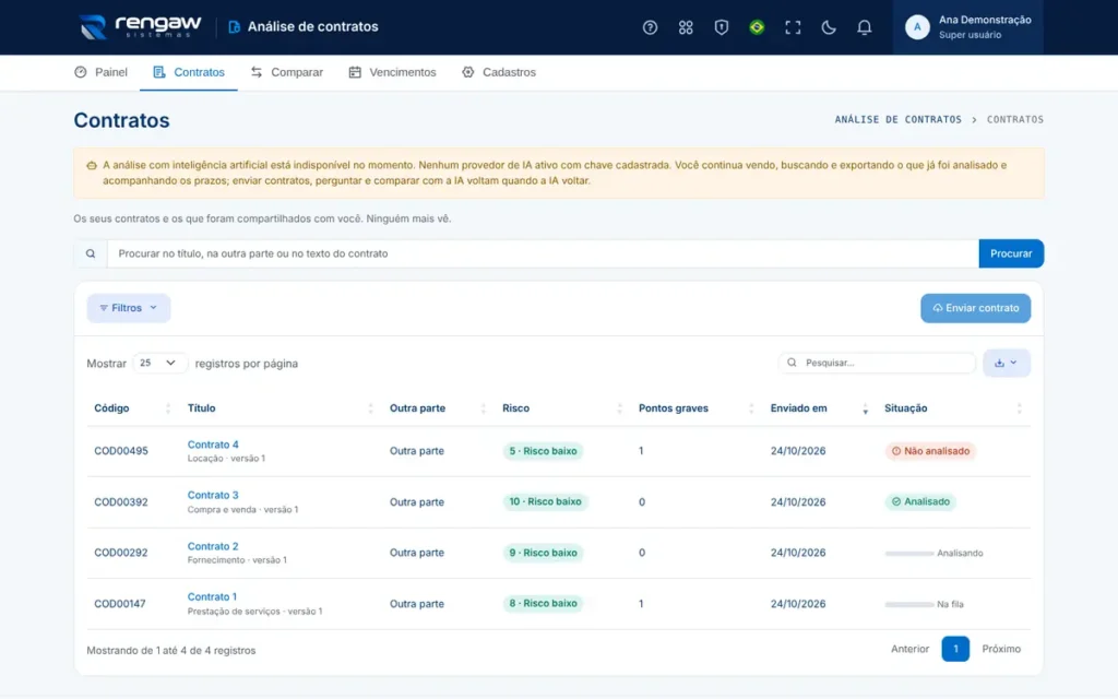 App Análise de contratos, tela Contratos