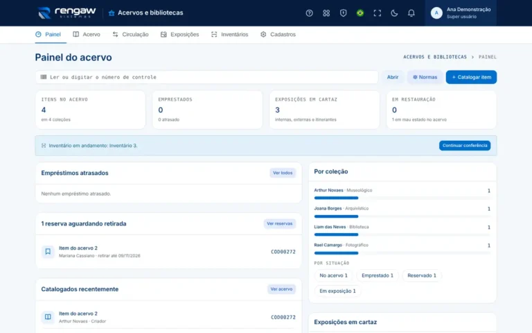 App Acervos e bibliotecas, tela Painel do acervo