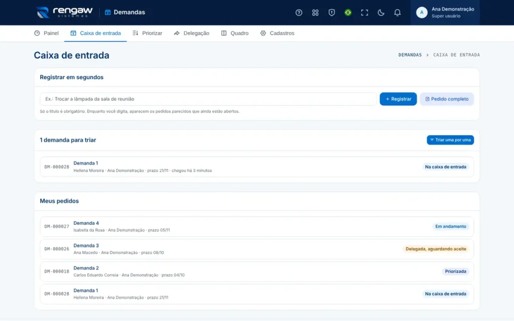 App Demandas, tela Caixa de entrada