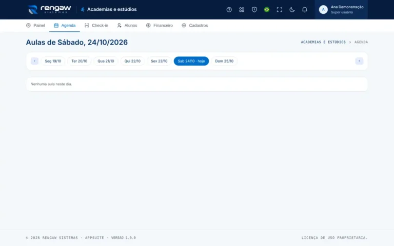 App Academias e estúdios, tela Agenda de aulas