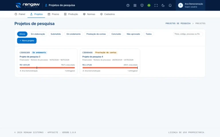 App Projetos de pesquisa, tela inicial