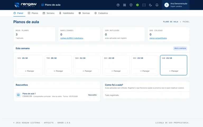 App Plano de aula, tela Painel de planos de aula