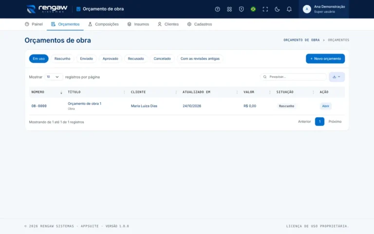 App Orçamento de obra, tela Orçamentos