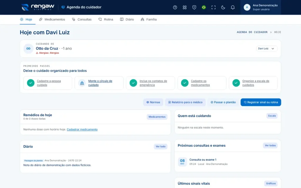 App Agenda do cuidador, tela Hoje · Agenda do cuidador · AppSuite