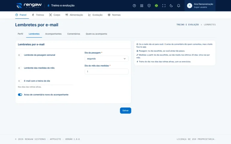 App Treino e evolução, tela Lembretes