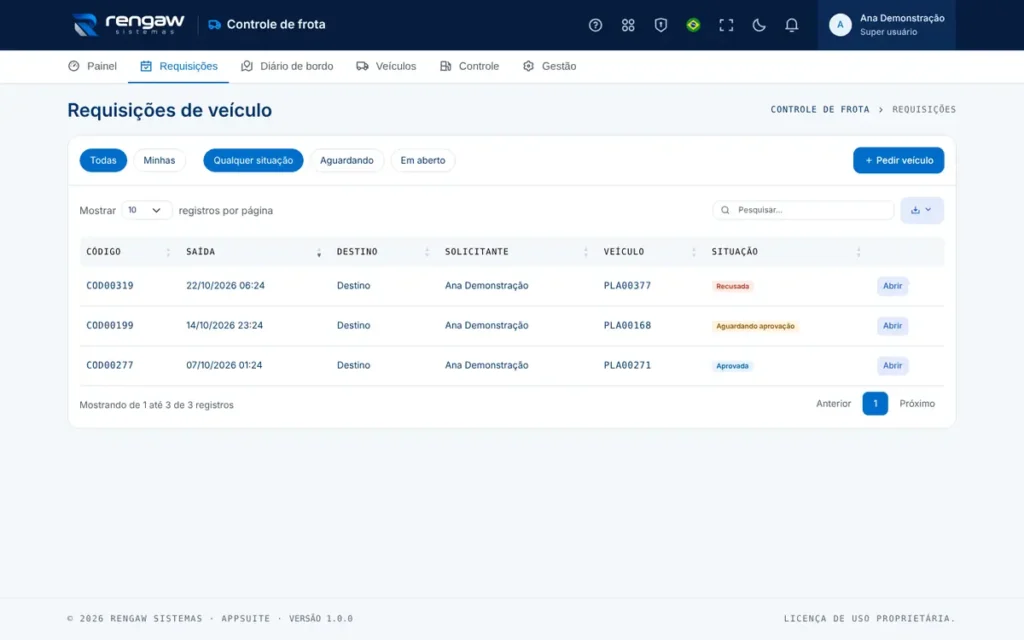 App Controle de frota, tela Requisições