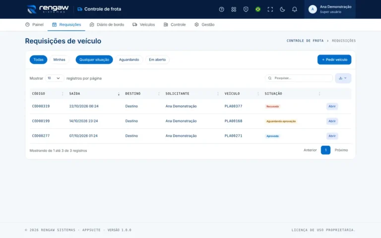 App Controle de frota, tela Requisições