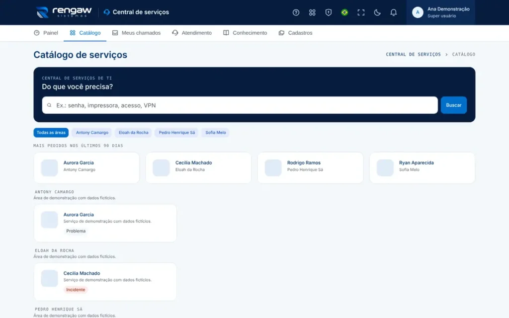 App Central de serviços, tela Catálogo de serviços