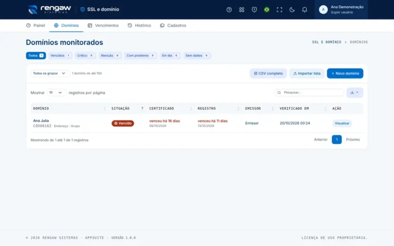App SSL e domínio, tela Domínios monitorados